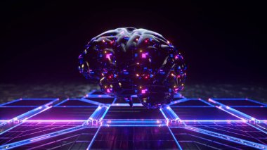 Fütürist bir kavram. Cam bir beyin yüzeyin üstünde yüzer. Mikro devreler. Mavi pembe neon ışık. 3d Görüntü