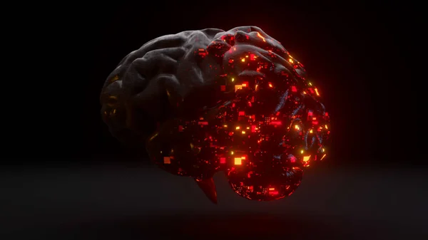 Conceito futurista. O cérebro de vidro emerge de uma casca preta fosca. Luz de néon vermelho. Ilustração 3d — Fotografia de Stock