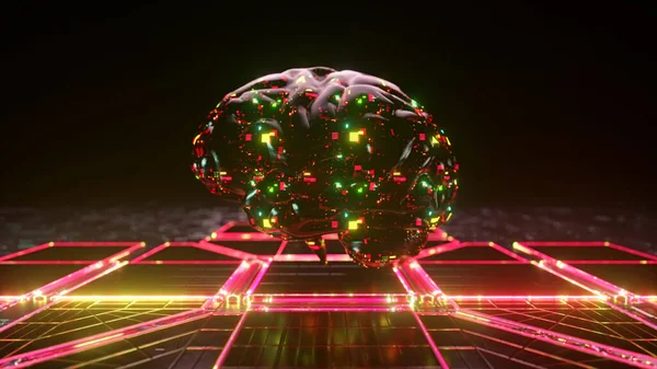Concept futuriste. Un cerveau en verre flotte au-dessus de la surface. Microcircuits. Feu vert néon rouge. Illustration 3d — Photo
