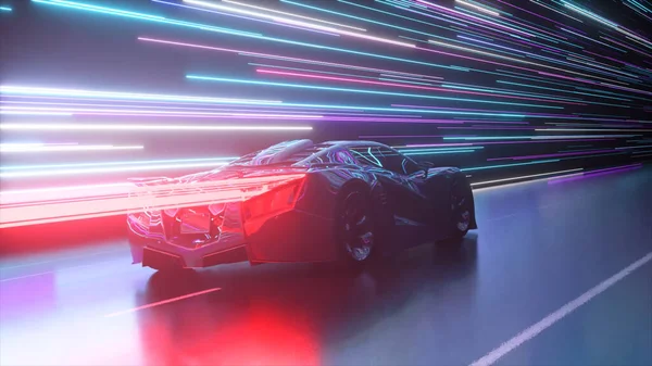 Futuristiskt koncept. Sport bil på bakgrunden av glödande neonlinjer. Röd neonlaser. 3d Illustration — Stockfoto