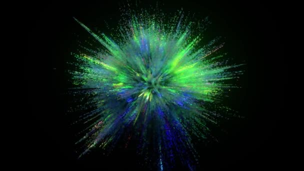 Μια έκρηξη χρωμάτων σε σκοτεινό φόντο. Μπλε πράσινο χρώμα. Πολύχρωμα σωματίδια. 3D animation συνεχούς βρόχου. — Αρχείο Βίντεο
