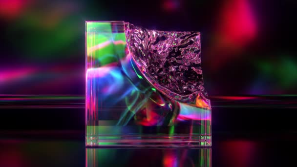 The diamond cube disappears and reappears. Liquid diamond. Pink neon light. Dispersion. 3d animation of seamless loop — Stock Video