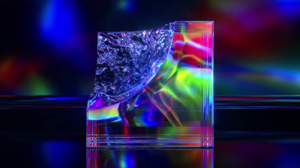 El cubo de diamante desaparece y reaparece. Diamante líquido. Luz de neón azul. Dispersión. animación 3d de bucle sin costura — Vídeo de stock