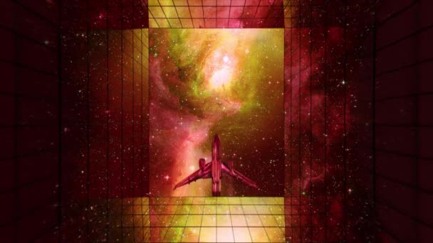 Ein Diamantenflugzeug fliegt gegen den Hintergrund des Himmels und spiegelt Wolkenkratzer. Rote Farbe. 3D-Animation — Stockvideo