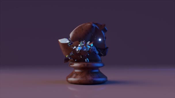 Conceito de jogo. Um cavaleiro de xadrez de mármore escuro desmorona-se em partículas de diamante. Animação 3D de um loop sem costura. — Vídeo de Stock