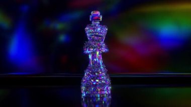Oyun konsepti. Elmas satranç kralı dikenleri serbest bırakır. Yakın plan. Mavi neon rengi. Kusursuz bir döngünün 3 boyutlu animasyonu.