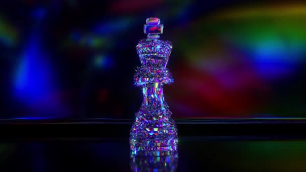 Game concept. Diamond chess king releases spines. Close-up. Blue neon color. 3D animation of a seamless loop. — Stock Video