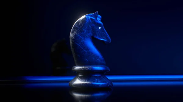 Konsep permainan. Ksatria catur marmer gelap. Lampu neon biru. Ilustrasi 3d — Stok Foto