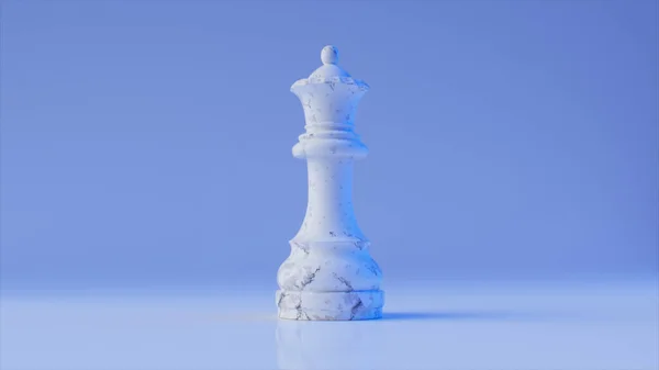 Oyun konsepti. Mavi arka planda beyaz mermer satranç kraliçesi. 3d illüstrasyon — Stok fotoğraf