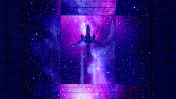 Un avion en diamant vole sur le fond du ciel et reflète les gratte-ciel. Couleur rose bleu. Illustration 3d — Photo