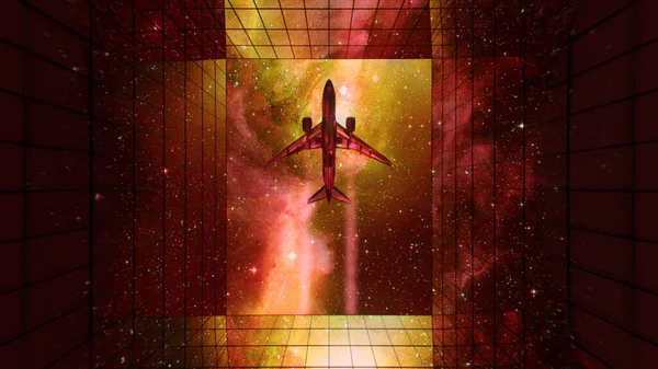 一架钻石飞机在天空的背景下飞行,映像着摩天大楼.红色绿色。3d说明 — 图库照片
