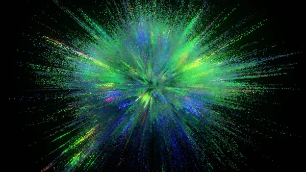 深色背景下的色彩爆炸。蓝色绿色。五彩斑斓的粒子3d说明 — 图库照片