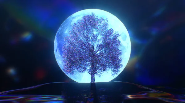 Diamond tree on the background of the moon. Blue neon color. 3d Illustration — Stock Photo, Image
