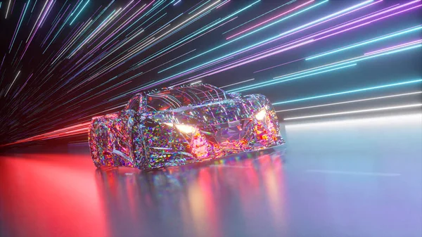 Futuristic concept. Diamond sports car on the background of glowing neon lines. Red neon laser. 3d Illustration