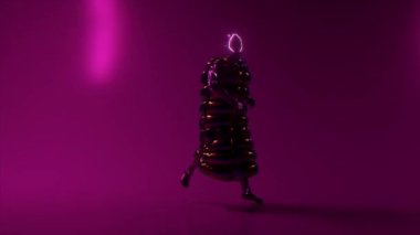 Disko arka planında dans eden siberpunk adam. Neon. Yanıp sönen ışık. Ceket. Miğfer. Kusursuz döngünün 3d animasyonu