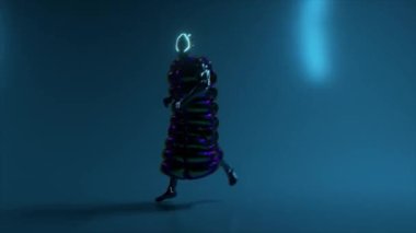 Disko arka planında dans eden siberpunk adam. Neon. Yanıp sönen ışık. Ceket. Miğfer. Kusursuz döngünün 3d animasyonu