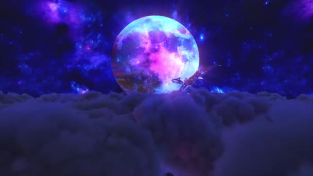 Los delfines del diamante saltan de las nubes contra el telón de fondo de la luna. Color azul. animación 3d de bucle sin costura — Vídeo de stock