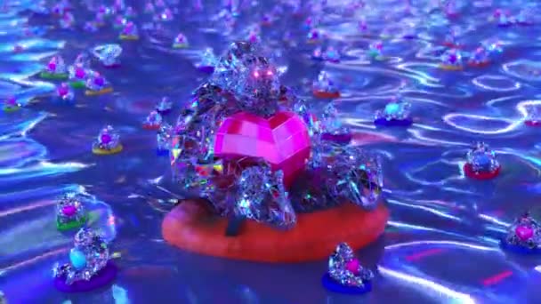 Concept d'amour. Le gorille de diamant nage sur une bouée de sauvetage et tient un cœur rouge dans ses mains. Animation 3D de boucle transparente — Video