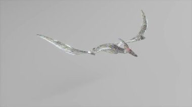 Elmas pterodactyl uçuyor. Doğa ve hayvanlar kavramı. Düşük yalan makinesi. Beyaz renk. Kusursuz döngünün 3d animasyonu