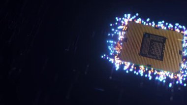  İşlemci veri gönderir. Neon parçacıkları. Veri transferi ve bağlantılar kavramı. 3D animasyon. Yüksek kalite 4k görüntü