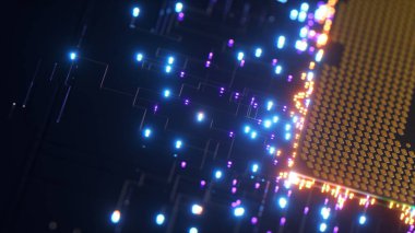 İşlemci veri gönderir. Neon parçacıkları. Veri transferi ve bağlantılar kavramı. Mavi neon rengi. 3 boyutlu illüstrasyon. Yüksek kalite 3d illüstrasyon