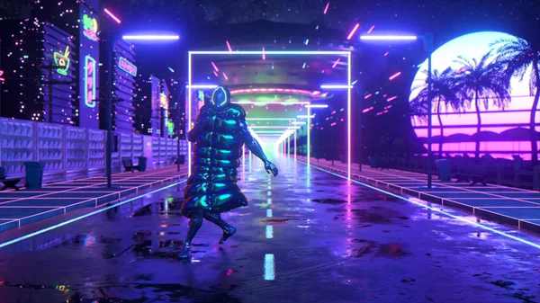 Cyberpunkare Som Dansar Solnedgång Bakgrund Nattstad Väg Blå Neon Futuristiskt — Stockfoto