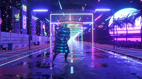 Cyberpunkare Som Dansar Solnedgång Bakgrund Nattstad Väg Blå Neon Futuristiskt — Stockfoto