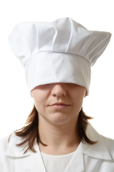Szef kuchni kobieta ukrywa jej oczy — Zdjęcie stockowe