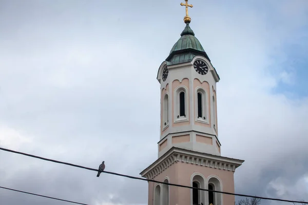 Close Church Clocktower Steeple Serbian Orthodox Church Crkva Svetog Duha — Stock Photo, Image