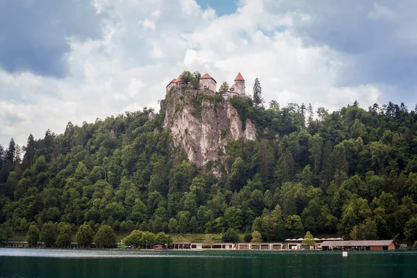 Panorama Del Lago Bled Blejsko Jezero Con Castillo Blejski Hrad — Foto de Stock