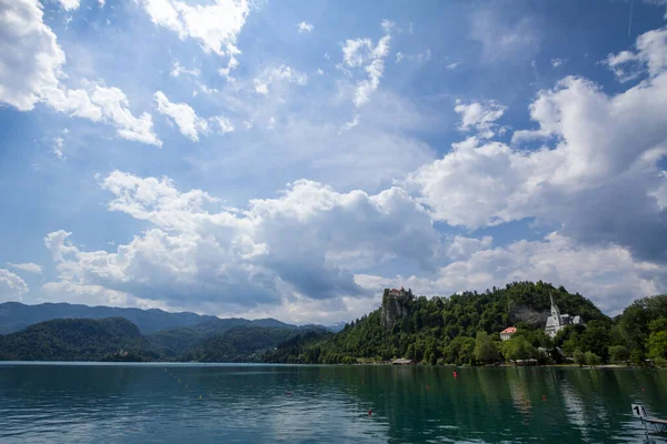 Panorama Del Lago Bled Blejsko Jezero Con Castillo Blejski Hrad — Foto de Stock