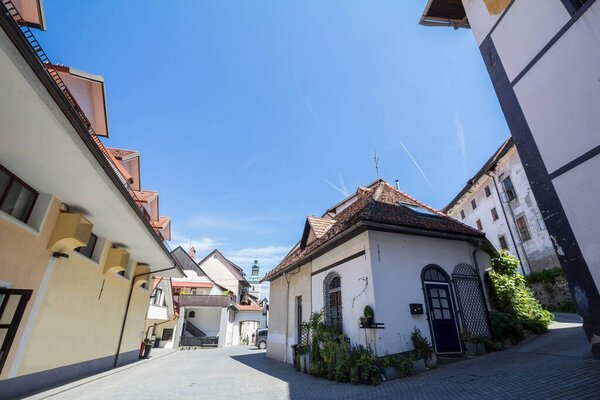 Picturesque medieval streets in the historical center of Skofja Loka, in Slovenia, in a district dating back from the middle ages, in the European medieval era of central Europe