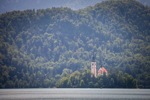 Desenfoque Selectivo Ostrvo Blejsko Isla Sangrada Lago Bled Blejsko Jezero — Foto de Stock