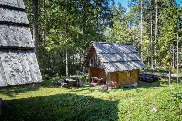 位于斯洛文尼亚Julijske阿尔卑斯山中央的一座小山沼泽地中央的小木屋 是一座用木头做的树懒小屋 — 图库照片