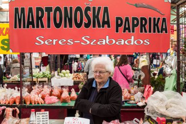 SUBOTICA, SERBIA - 26 Mart 2016: Subotica Green pazarında Macar azınlık mensubu tipik bir kurutulmuş biber olan Martonos Paprika satan yaşlı kadın. Buvljak olarak da bilinir, şehrin bir sembolüdür..