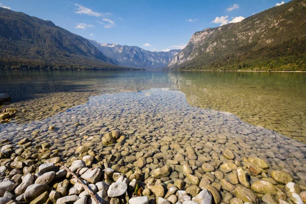 Πανόραμα Της Λίμνης Μποχίνι Επίσης Αποκαλούμενο Bohinjsko Jezero Ένα Ηλιόλουστο — Φωτογραφία Αρχείου