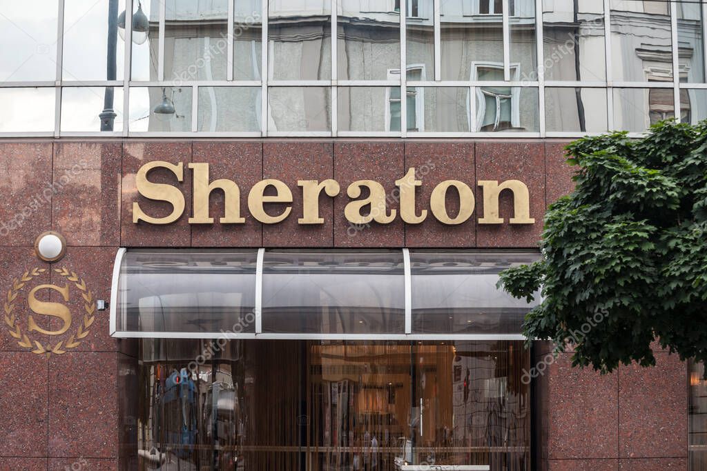 ZAGREB, CROATIA - JUNE 19, 2021: Sheraton logo on the entrance their hotel of Zagreb. Part of Marriott, Sheraton is one of the biggest brands of luxury hotels