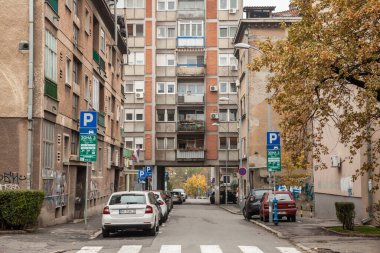 BELGRAD, SERBIA - NOVEMBER 7, 2021: Belgrad şehir merkezinde park halindeki arabaların çizgilerinde seçici bulanıklık, araçların park yeri kullanmasına izin verilen bir yerleşim caddesindeki yol işaretleri.