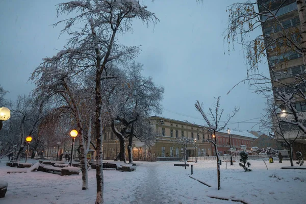 Pancevo Serbia 2021年12月12日 在Banat地区的一个冬季雪夜 人们在主要广场和Pancevo主要街道之间的雪地上行走时 有选择地模糊了方向 — 图库照片