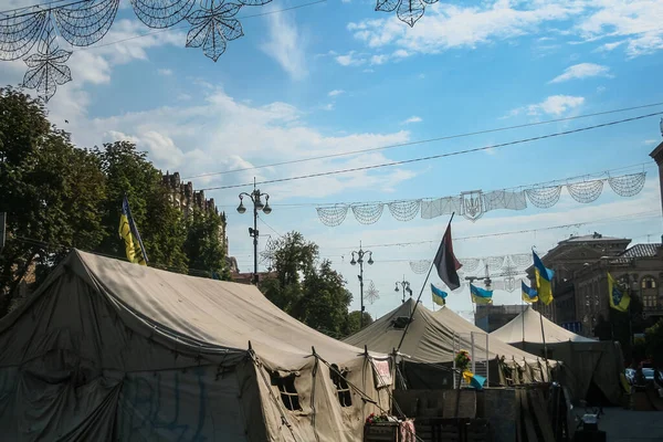 Kyiv Ukraine Αυγουστου 2014 Οδοφράγματα Και Σκηνές Euromaidan Στην Οδό — Φωτογραφία Αρχείου