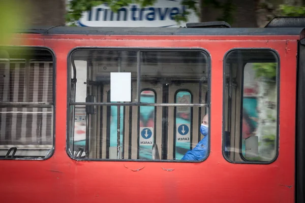 Belgrade Serbia July 2021 Selective Blur Man Window Tram Wearing — стоковое фото