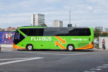 LJUBLJANA, SLOVENIA - SEPTEMBER 18, 2021: Flixbus bus ready for departure in Ljubljana Bus station to croatia. Flixbus is a German brand which offers low cost intercity bus service in Europe