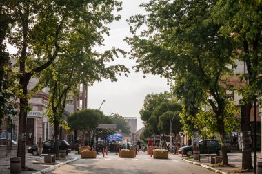 SMEDEREVSKA PALANKA, SERBIA - JULY 18 2021: Selective blur on cafes and restaurant on ulica prvog srpskog ustanka street, the main pedestrian street of Smederevska Palanka a city of sumadija, Serbia