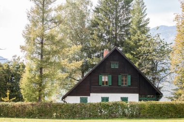 Residential house, a slovenian chalet building, in the middle of a mountain glade, a clearing in the middle of a forest of the julian alps in Slovenia, in Stara Fuzina, Triglav national park, in Bohinj, Slovenia