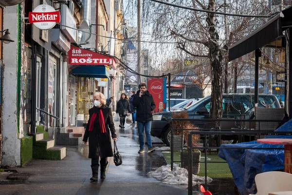 Belgrade Serbia January 2022 Selective Blur Old Woman Walking Streets — Stock Photo, Image