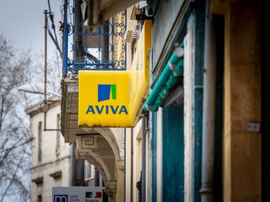 BORDEAUX, FRANCE - FEBRUARY 21, 2022: Aviva logo on their local office for Bordeaux, France. Aviva is a British general, life and pension insurance company spread in Europe and the world