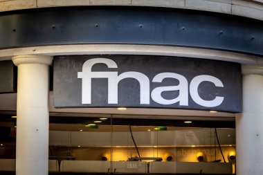 BORDEAUX, FRANCE - FEBRUARY 25, 2022: Logo of FNAC on their main store for Bordeaux. FNAC is a French group of retailers specialized in cultural goods, electronics and technology products