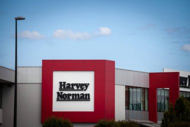 LJUBLJANA, SLOVENIA - SEPTEMBER 18, 2021: Harvey Norman logo on their main store for Ljubljana. Harvey Norman is an australian multinational company specialized in Furniture and home appliances.