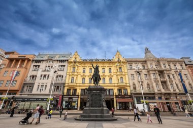 ZAGREB, CROATIA - SEPTEMBER 19, 2021: Statue of ban Jelacic seen from below on Trg Bana Jelacica. Ban Jelacic square is the main square of downtown Zagreb and a major landmark