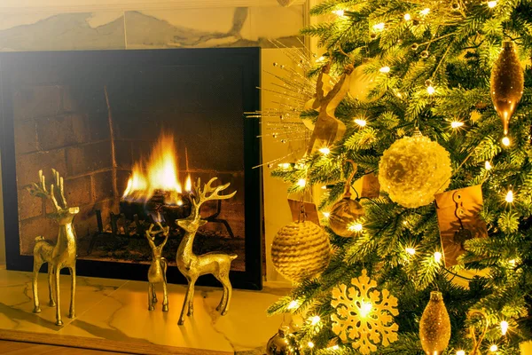 Two Decorative Deers Next Fireplace Christmas Eve — Foto Stock